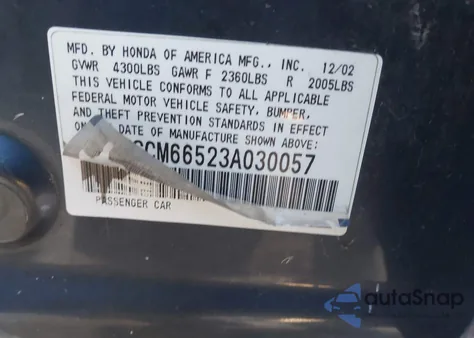 2003 Honda Accord 3.0 Ex z USA, uszkodzony, nr VIN 1HGCM66523A030057